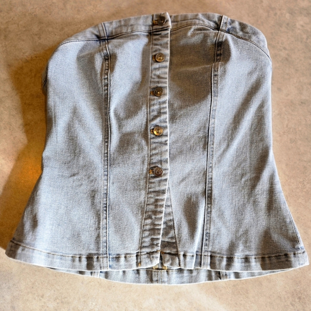 H&M Denim Bustier Style Top Light Blue Silver Buttos Size Medium